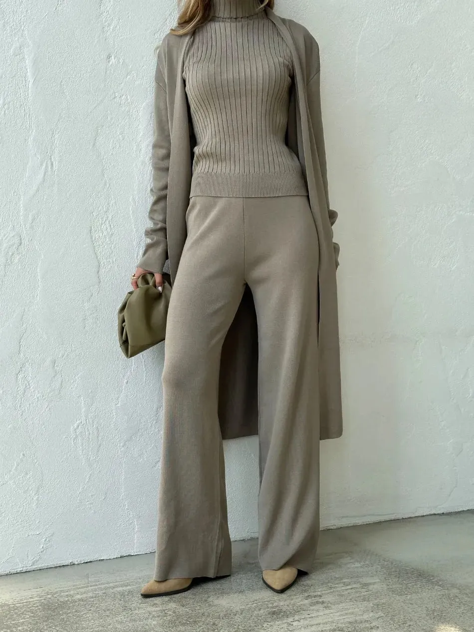 Three Piece Set Knitted Cardigan Loose High Neck Vest Sweater Set