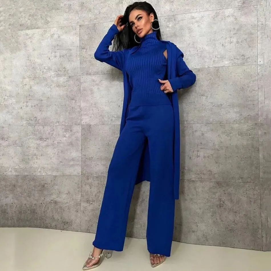 Three Piece Set Knitted Cardigan Loose High Neck Vest Sweater Set