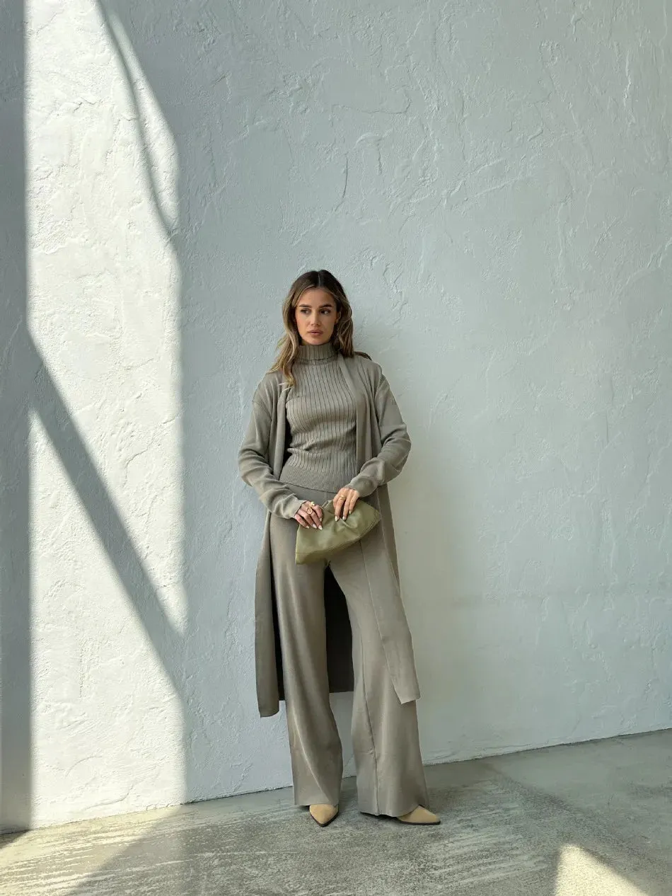 Three Piece Set Knitted Cardigan Loose High Neck Vest Sweater Set