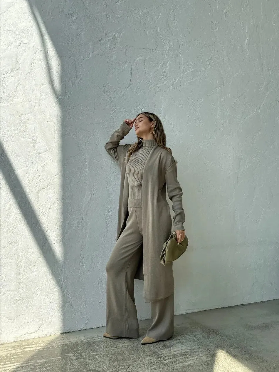Three Piece Set Knitted Cardigan Loose High Neck Vest Sweater Set