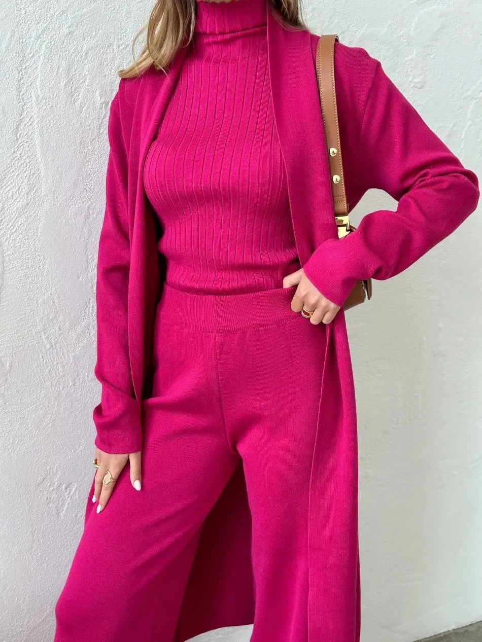 Three Piece Set Knitted Cardigan Loose High Neck Vest Sweater Set