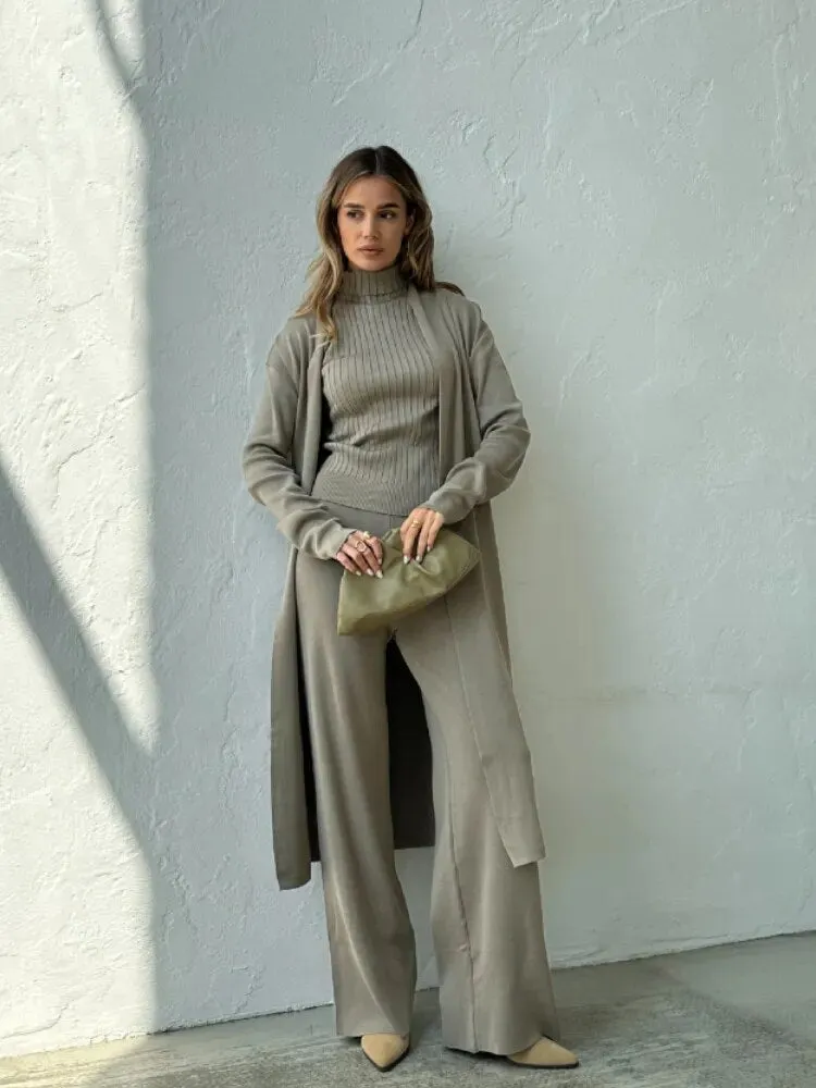 Three Piece Set Knitted Cardigan Loose High Neck Vest Sweater Set