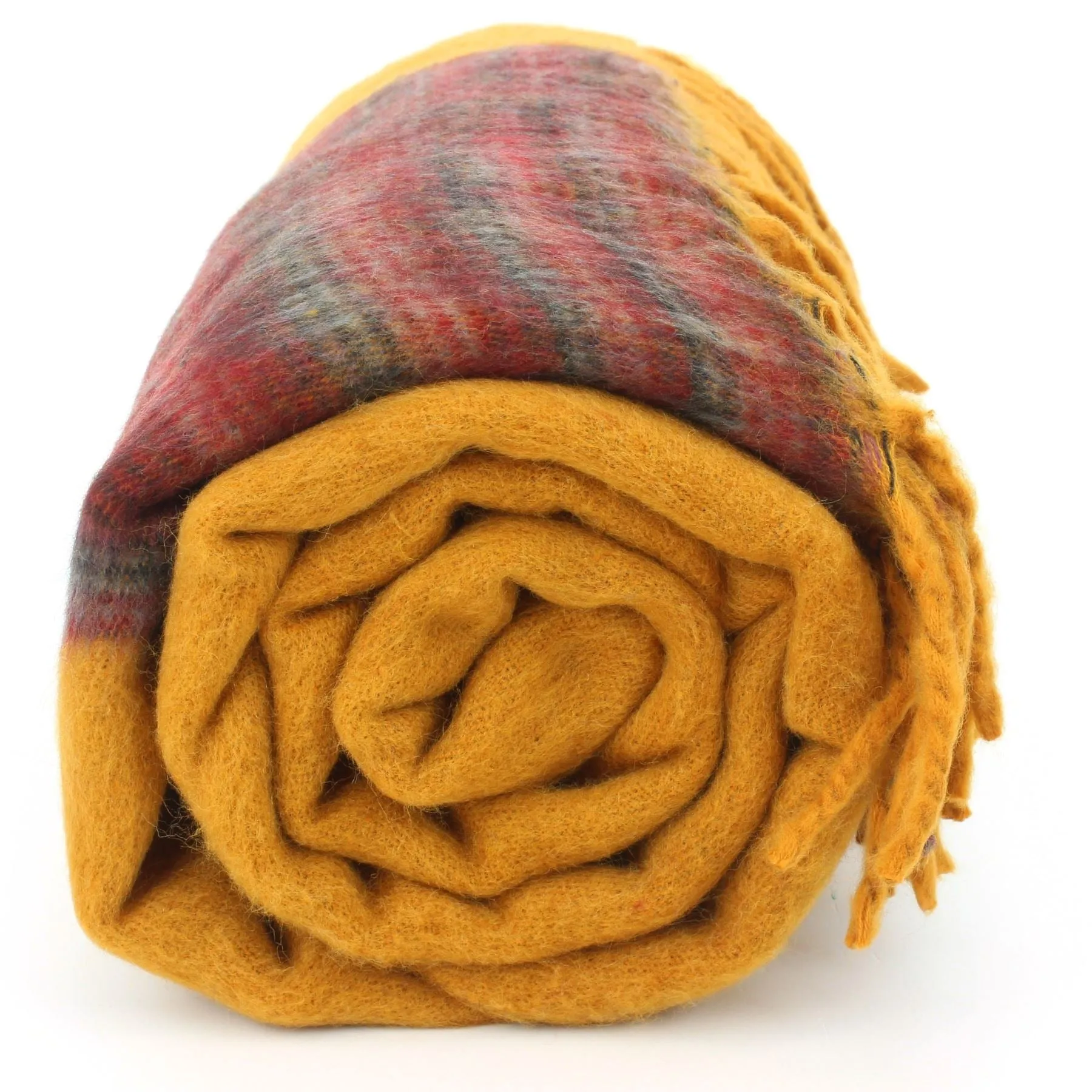 Tibetan Wool Blend Shawl Blanket - Mustard with Maroon Reverse