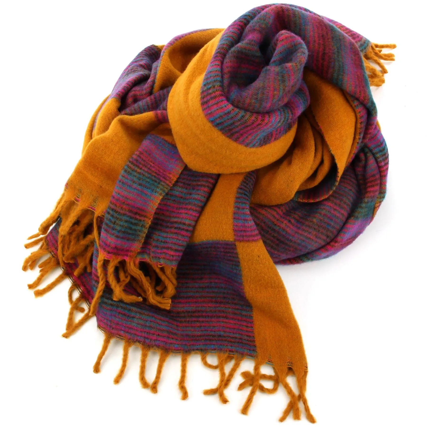 Tibetan Wool Blend Shawl Blanket - Mustard with Nebula Purple Reverse