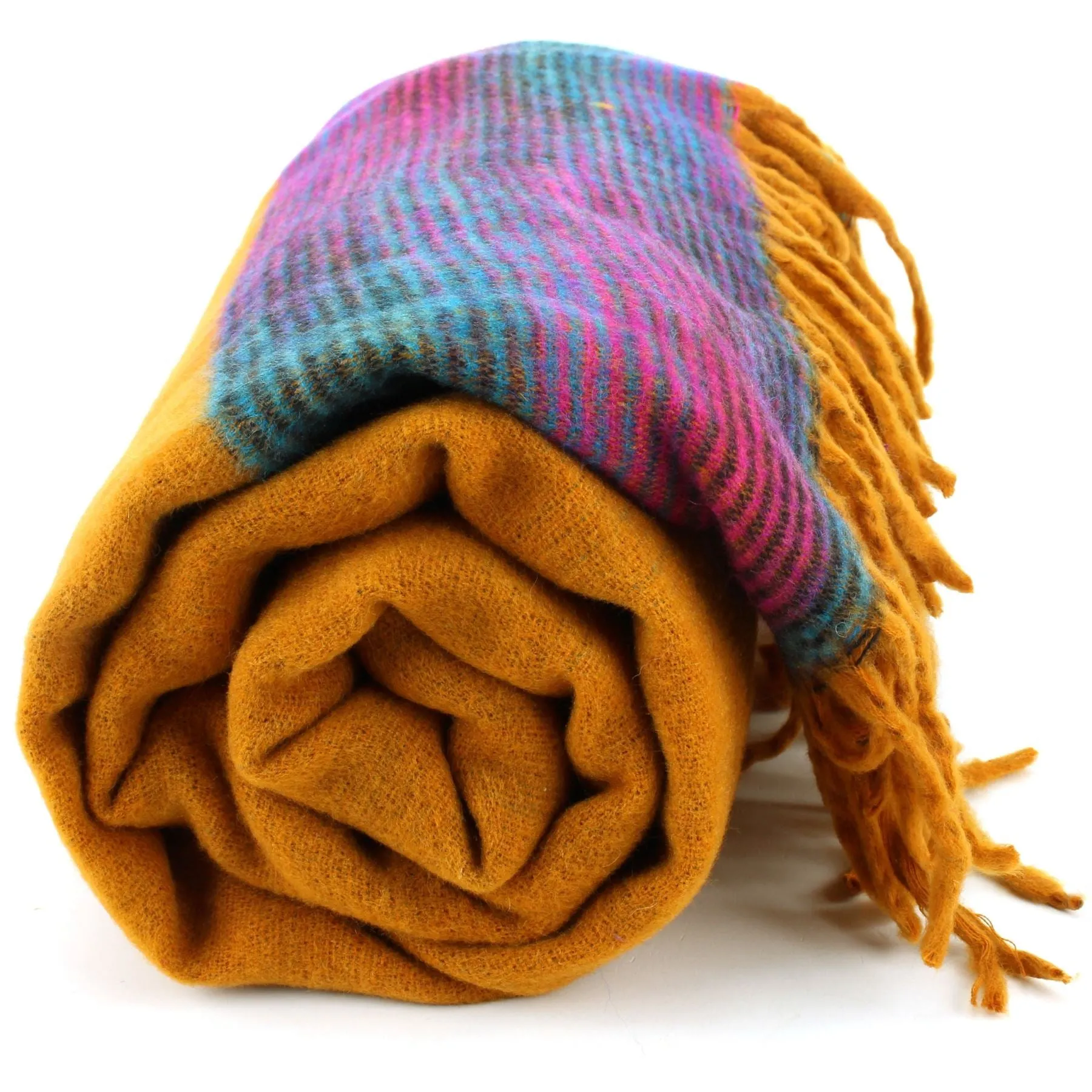 Tibetan Wool Blend Shawl Blanket - Mustard with Nebula Purple Reverse