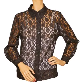 Vintage 1960s Black Lace Shirt Blouse Size M