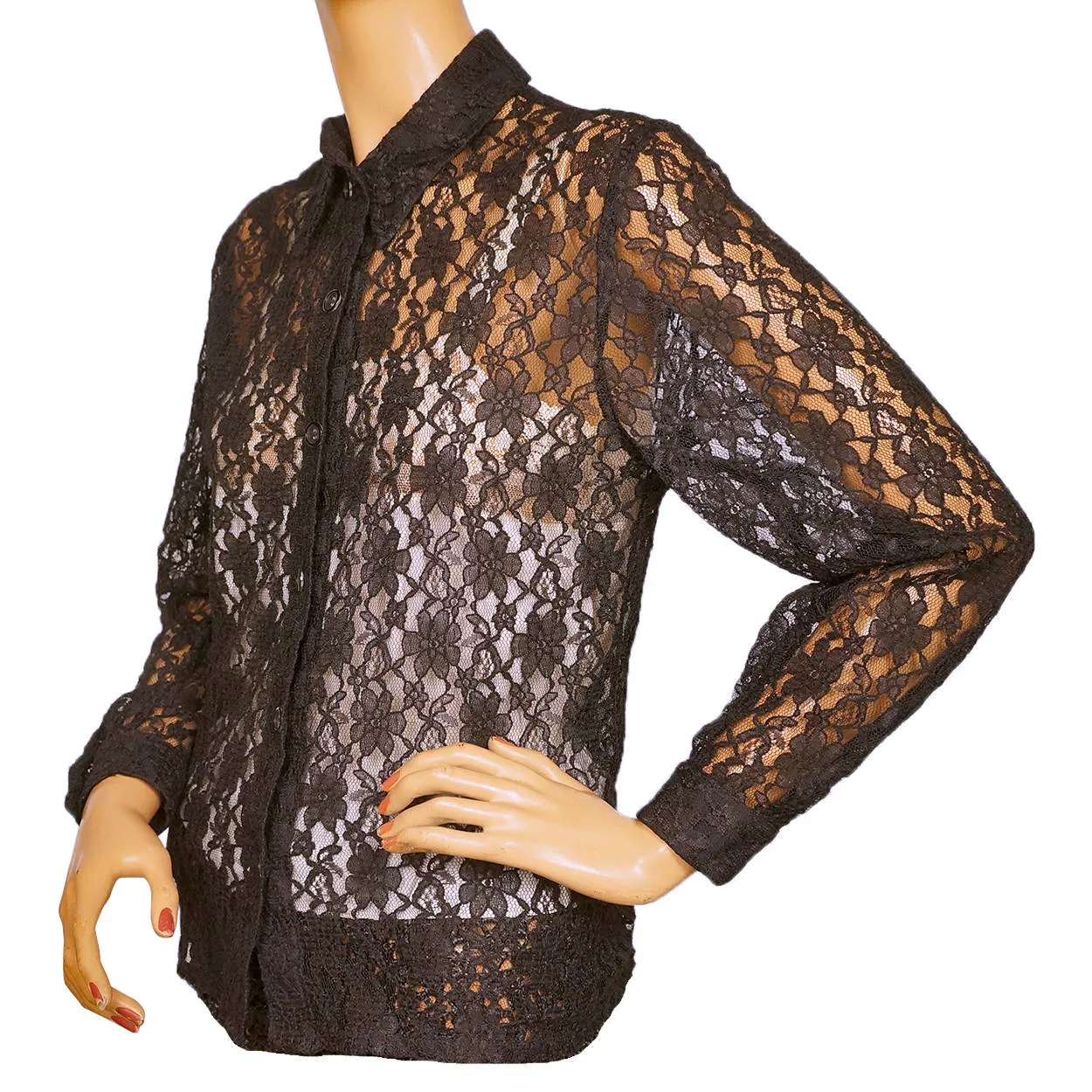 Vintage 1960s Black Lace Shirt Blouse Size M