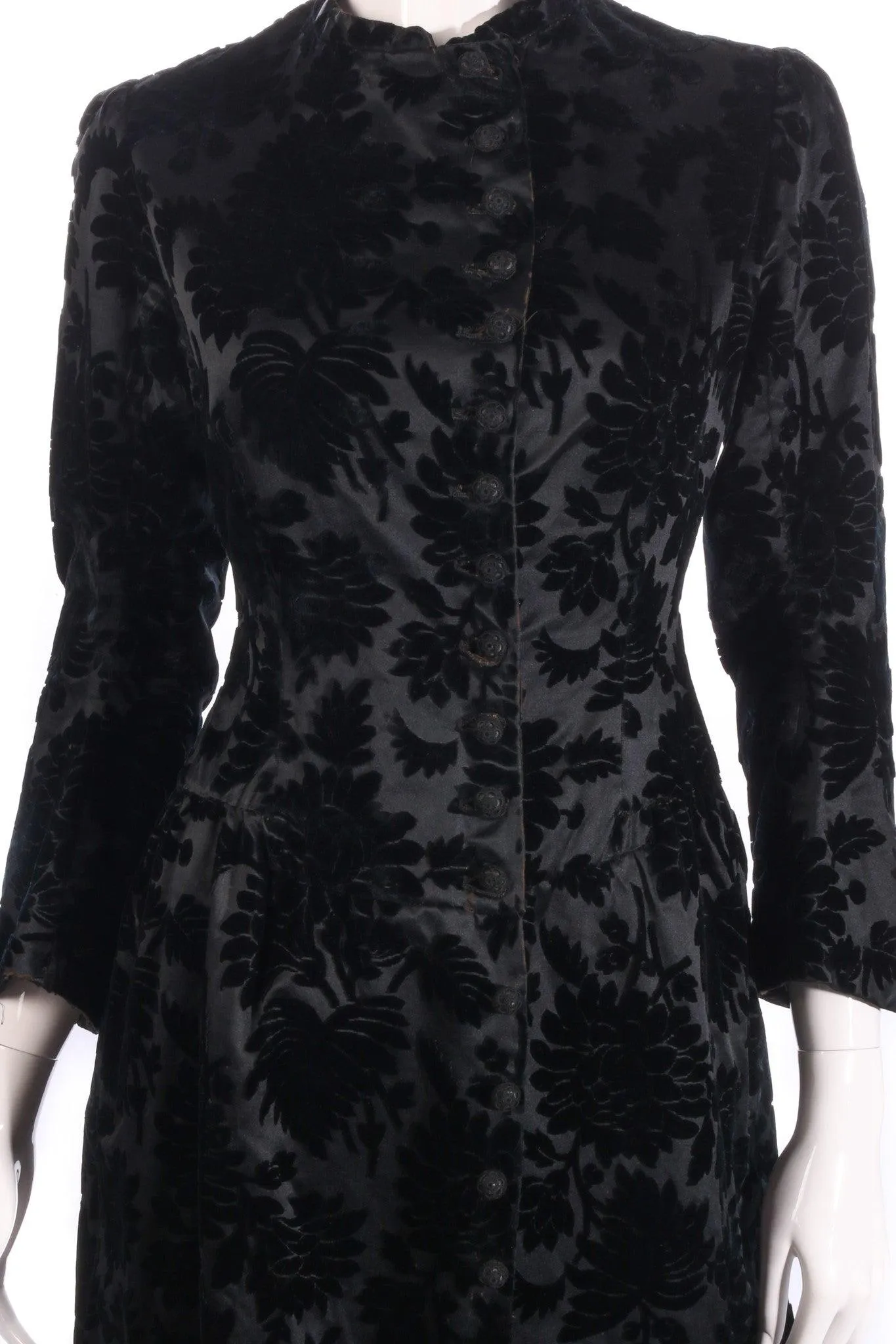 Vintage Black Devore Floral Knee Length Coat Size 10/12