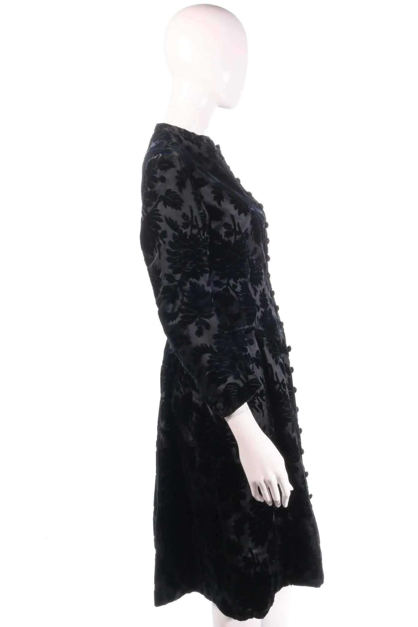 Vintage Black Devore Floral Knee Length Coat Size 10/12