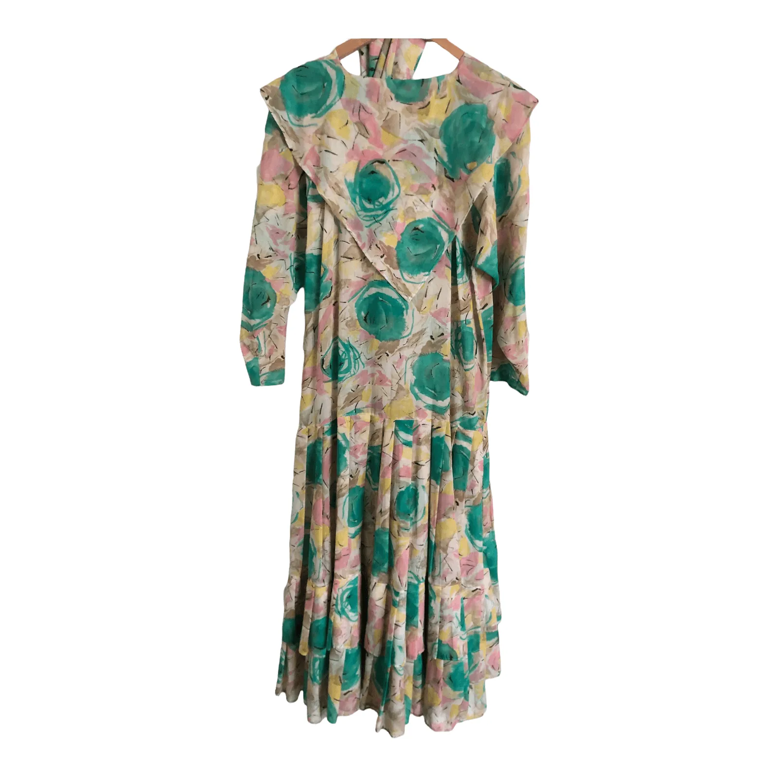 Vintage Upper Bracket by Roberta Cotton 3/4 Sleeve Maxi Dress w/ Sash Green Pink Multi Floral Print UK Size 14-16