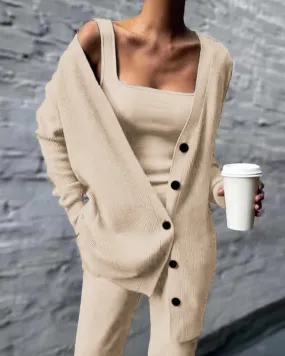 Women Three Pices Set Knitted Solid Cardigan Tops Tank Top and Casual Loose Long Pants