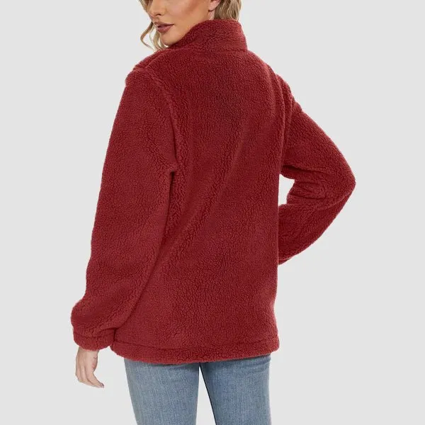 Women's Fuzzy Sherpa Jacket - Full-Zip Warm Fleece Teddy Coat with Zipper Pockets