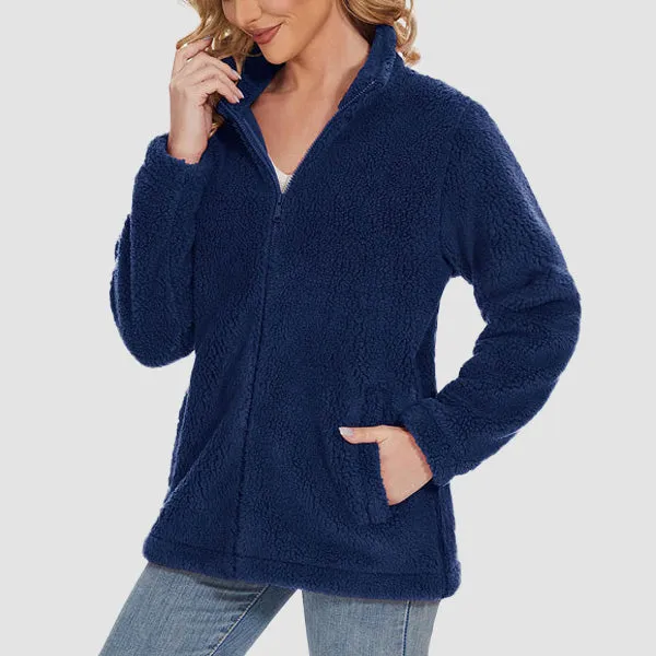Women's Fuzzy Sherpa Jacket - Full-Zip Warm Fleece Teddy Coat with Zipper Pockets