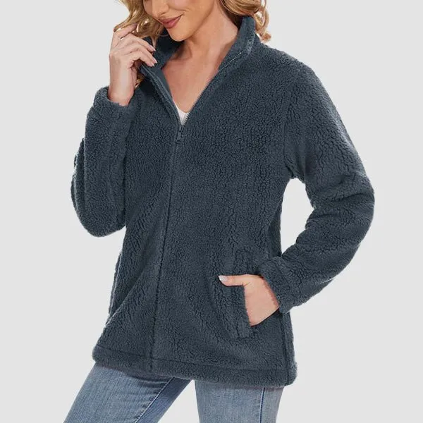 Women's Fuzzy Sherpa Jacket - Full-Zip Warm Fleece Teddy Coat with Zipper Pockets