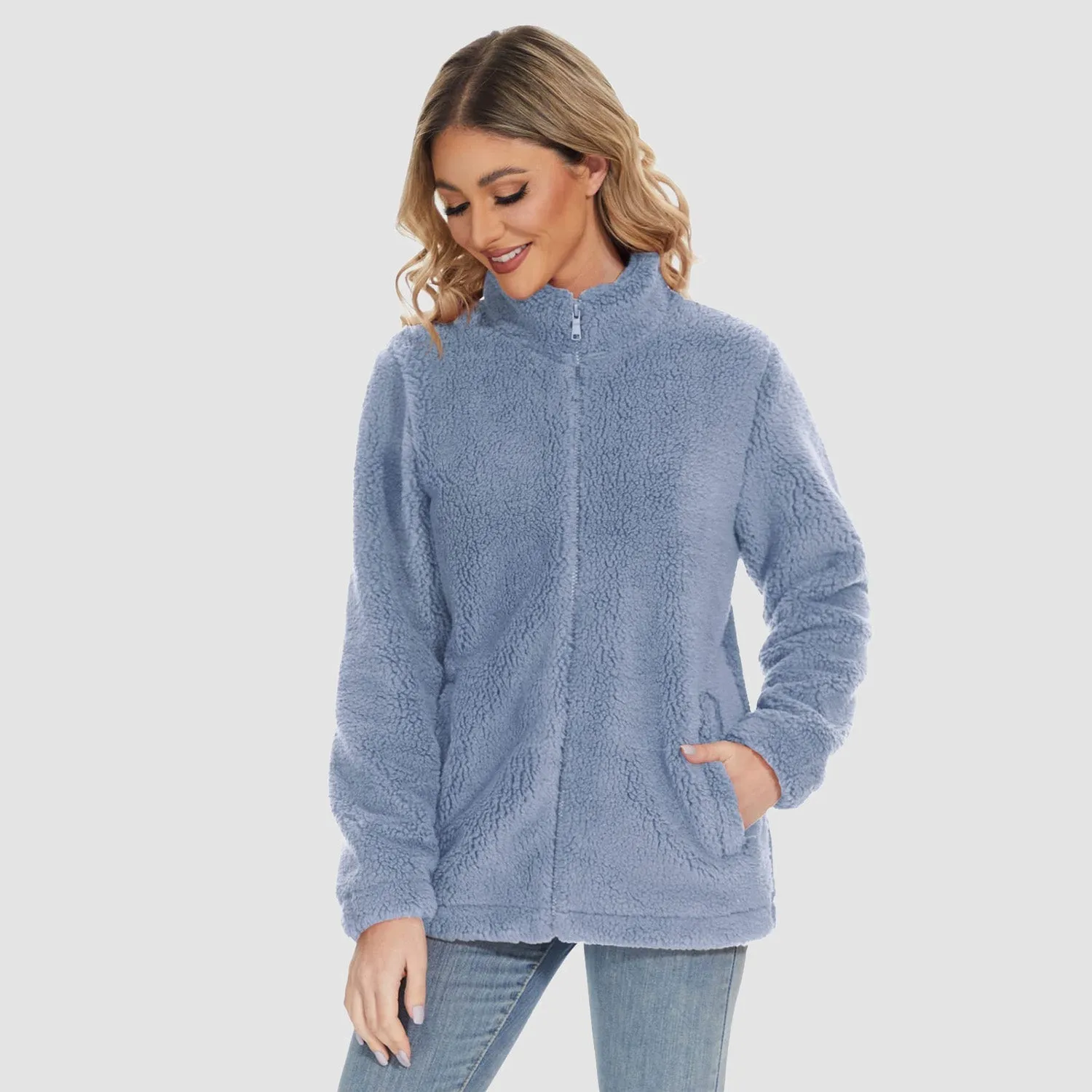 Women's Fuzzy Sherpa Jacket - Full-Zip Warm Fleece Teddy Coat with Zipper Pockets