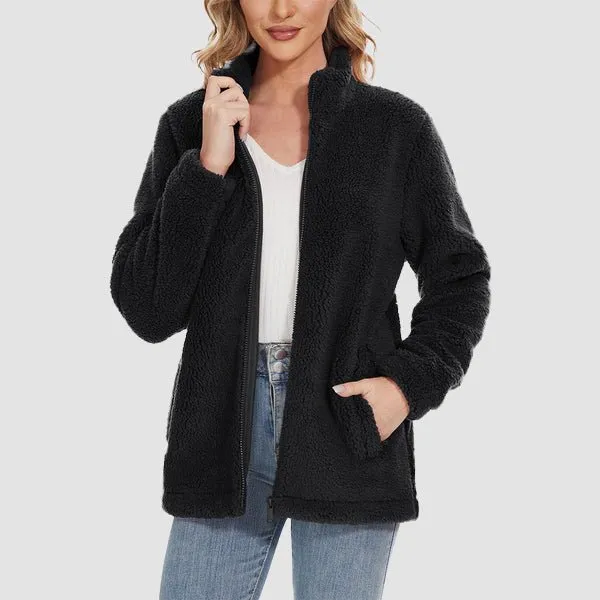 Women's Fuzzy Sherpa Jacket - Full-Zip Warm Fleece Teddy Coat with Zipper Pockets