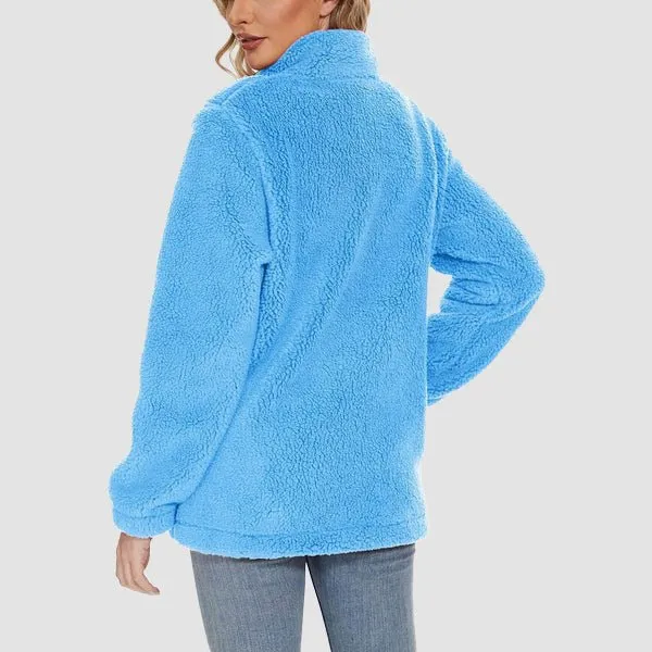 Women's Fuzzy Sherpa Jacket - Full-Zip Warm Fleece Teddy Coat with Zipper Pockets