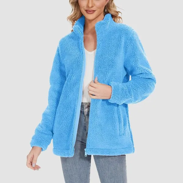 Women's Fuzzy Sherpa Jacket - Full-Zip Warm Fleece Teddy Coat with Zipper Pockets