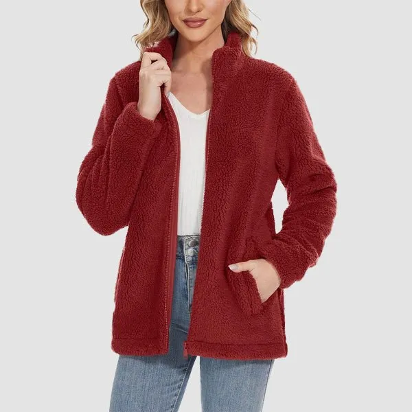 Women's Fuzzy Sherpa Jacket - Full-Zip Warm Fleece Teddy Coat with Zipper Pockets