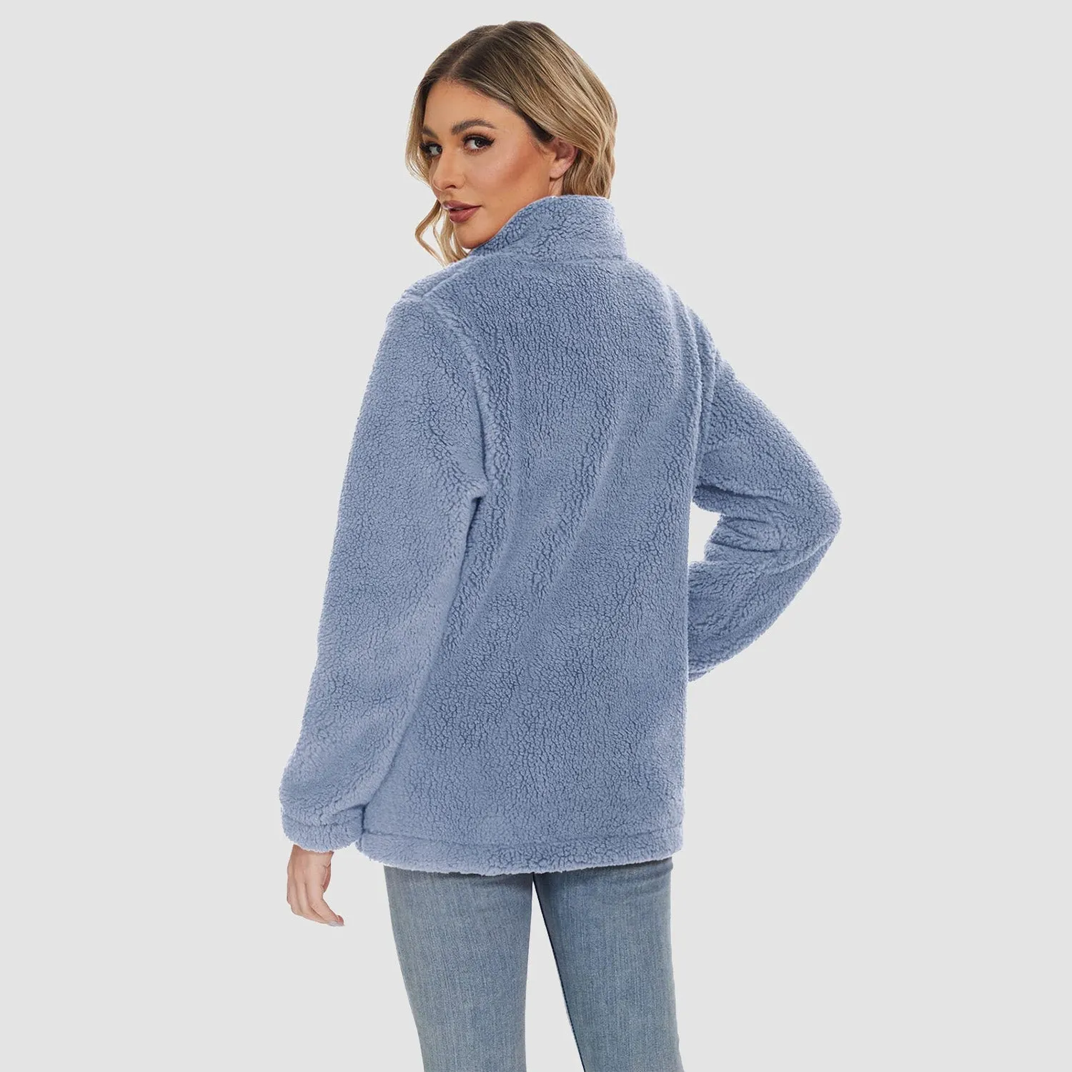 Women's Fuzzy Sherpa Jacket - Full-Zip Warm Fleece Teddy Coat with Zipper Pockets