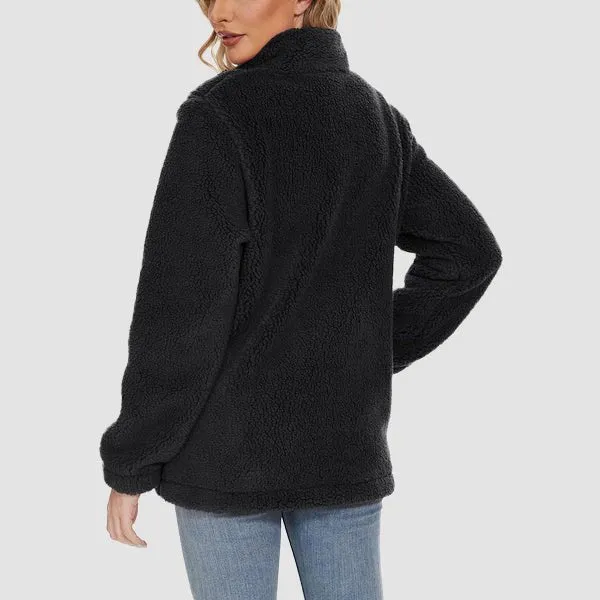 Women's Fuzzy Sherpa Jacket - Full-Zip Warm Fleece Teddy Coat with Zipper Pockets
