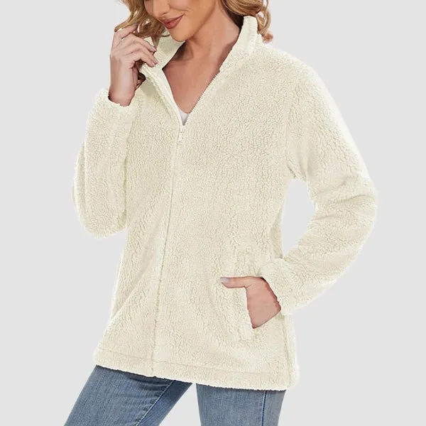 Women's Fuzzy Sherpa Jacket - Full-Zip Warm Fleece Teddy Coat with Zipper Pockets