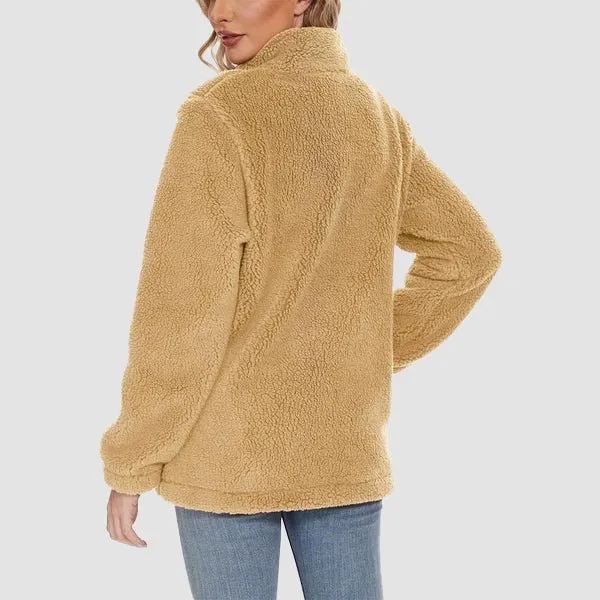 Women's Fuzzy Sherpa Jacket - Full-Zip Warm Fleece Teddy Coat with Zipper Pockets