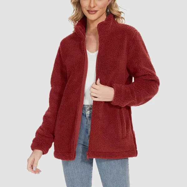 Women's Fuzzy Sherpa Jacket - Full-Zip Warm Fleece Teddy Coat with Zipper Pockets