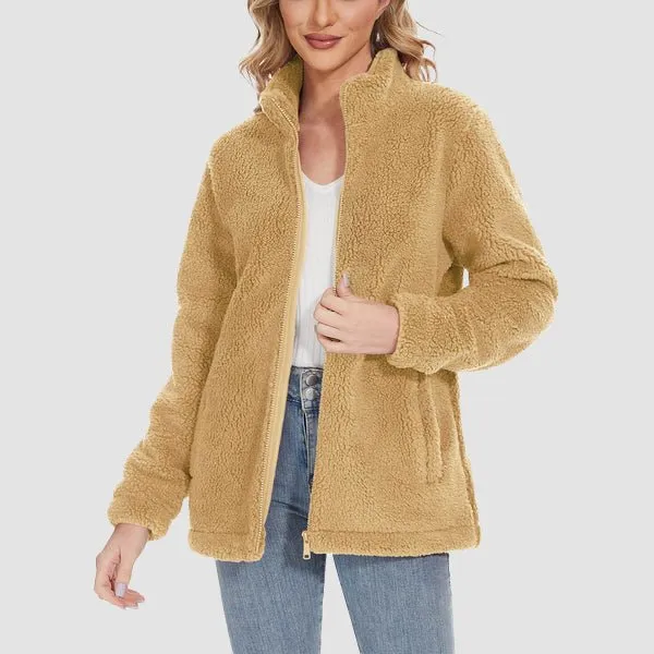 Women's Fuzzy Sherpa Jacket - Full-Zip Warm Fleece Teddy Coat with Zipper Pockets
