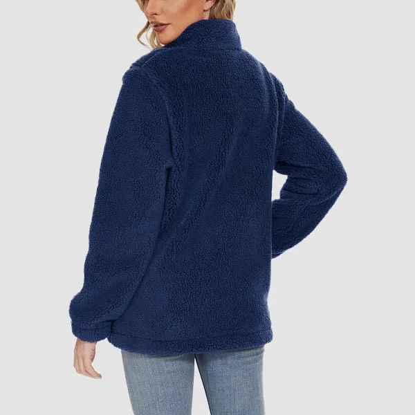Women's Fuzzy Sherpa Jacket - Full-Zip Warm Fleece Teddy Coat with Zipper Pockets