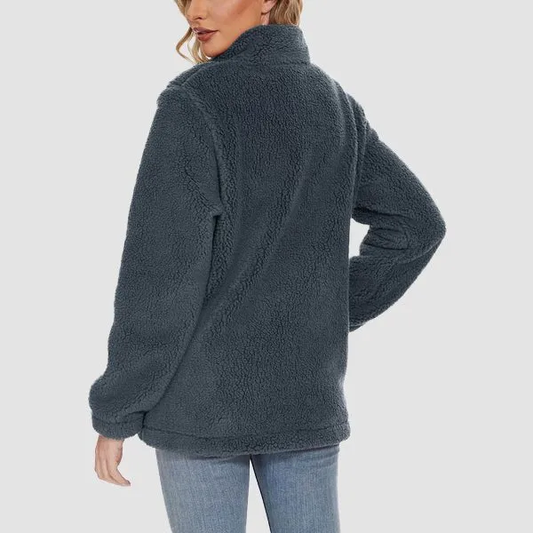 Women's Fuzzy Sherpa Jacket - Full-Zip Warm Fleece Teddy Coat with Zipper Pockets