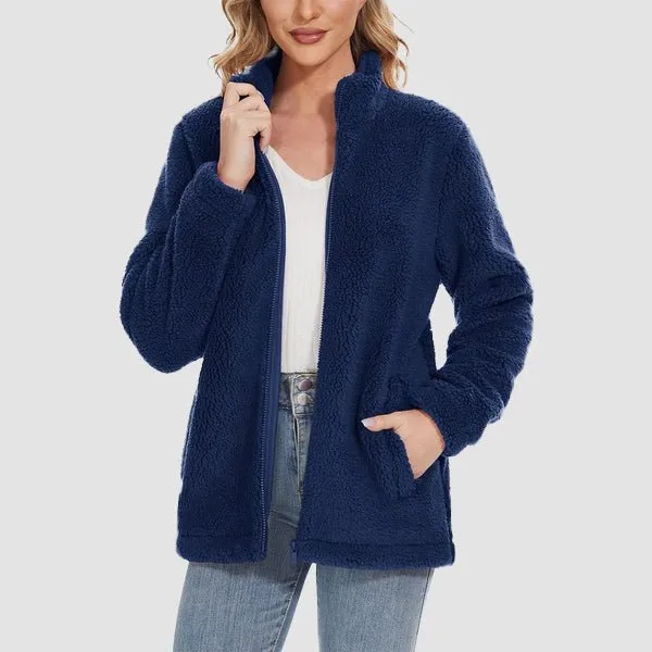 Women's Fuzzy Sherpa Jacket - Full-Zip Warm Fleece Teddy Coat with Zipper Pockets