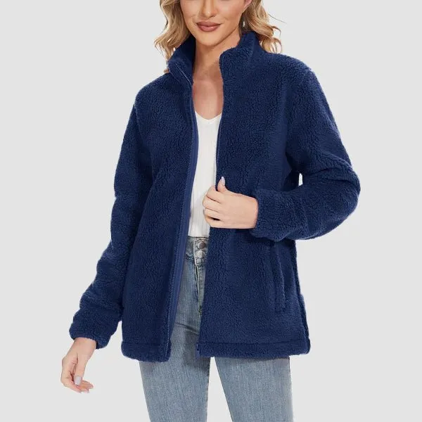 Women's Fuzzy Sherpa Jacket - Full-Zip Warm Fleece Teddy Coat with Zipper Pockets