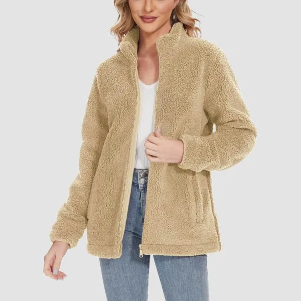 Women's Fuzzy Sherpa Jacket - Full-Zip Warm Fleece Teddy Coat with Zipper Pockets