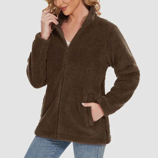 Women's Fuzzy Sherpa Jacket - Full-Zip Warm Fleece Teddy Coat with Zipper Pockets