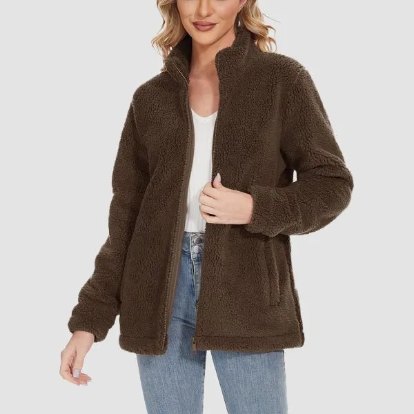 Women's Fuzzy Sherpa Jacket - Full-Zip Warm Fleece Teddy Coat with Zipper Pockets