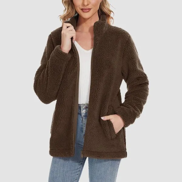 Women's Fuzzy Sherpa Jacket - Full-Zip Warm Fleece Teddy Coat with Zipper Pockets