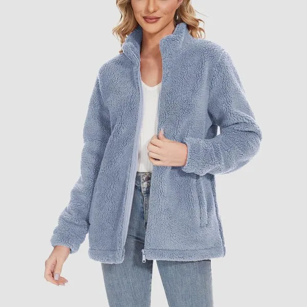 Women's Fuzzy Sherpa Jacket - Full-Zip Warm Fleece Teddy Coat with Zipper Pockets