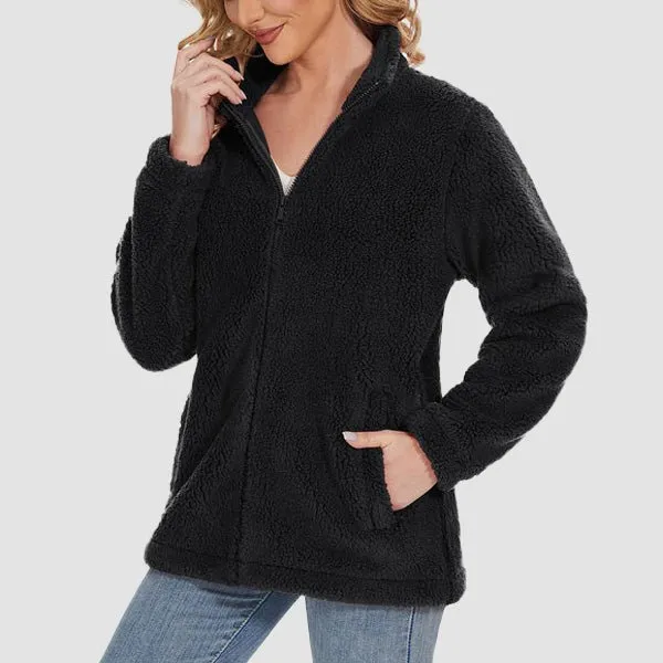 Women's Fuzzy Sherpa Jacket - Full-Zip Warm Fleece Teddy Coat with Zipper Pockets