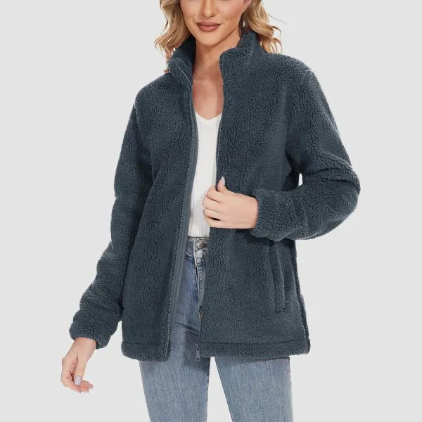 Women's Fuzzy Sherpa Jacket - Full-Zip Warm Fleece Teddy Coat with Zipper Pockets