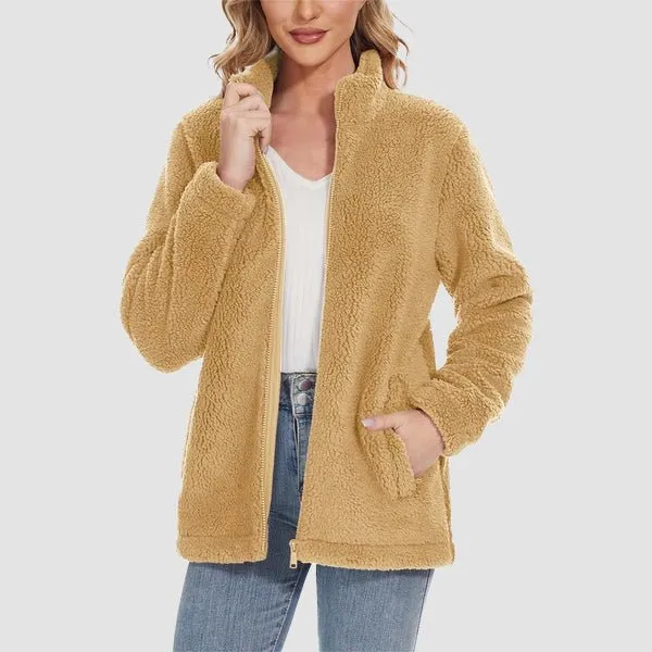 Women's Fuzzy Sherpa Jacket - Full-Zip Warm Fleece Teddy Coat with Zipper Pockets