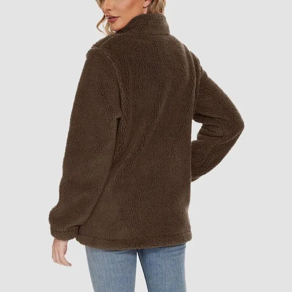 Women's Fuzzy Sherpa Jacket - Full-Zip Warm Fleece Teddy Coat with Zipper Pockets