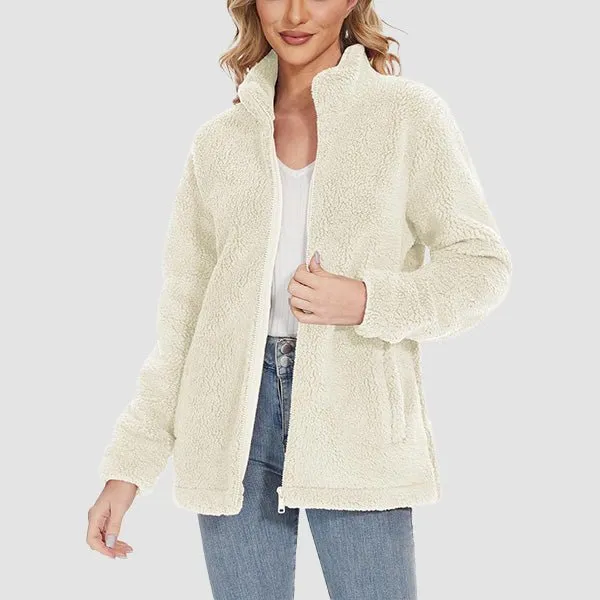 Women's Fuzzy Sherpa Jacket - Full-Zip Warm Fleece Teddy Coat with Zipper Pockets