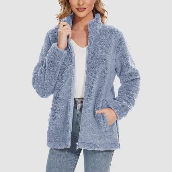 Women's Fuzzy Sherpa Jacket - Full-Zip Warm Fleece Teddy Coat with Zipper Pockets