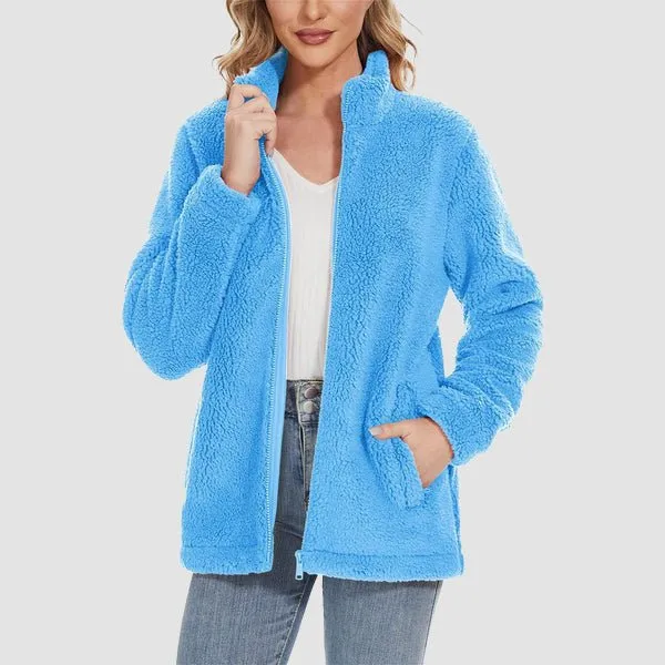 Women's Fuzzy Sherpa Jacket - Full-Zip Warm Fleece Teddy Coat with Zipper Pockets