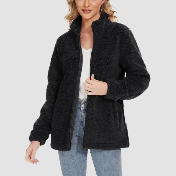 Women's Fuzzy Sherpa Jacket - Full-Zip Warm Fleece Teddy Coat with Zipper Pockets