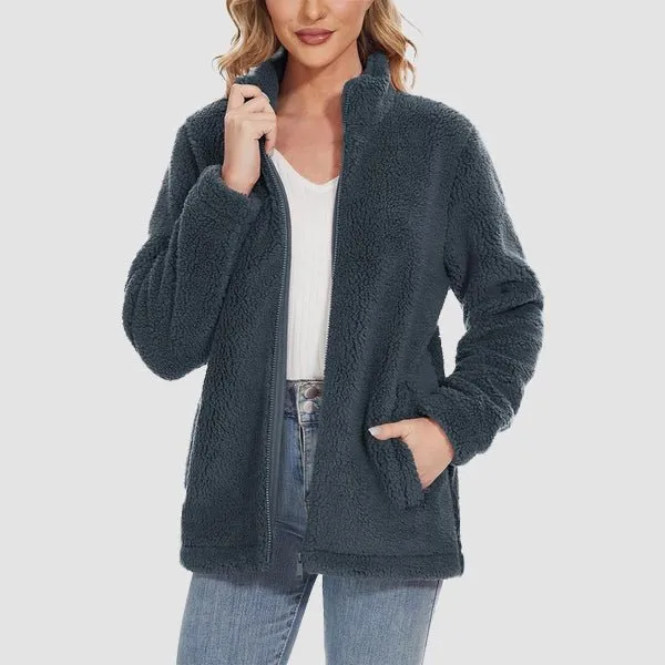 Women's Fuzzy Sherpa Jacket - Full-Zip Warm Fleece Teddy Coat with Zipper Pockets