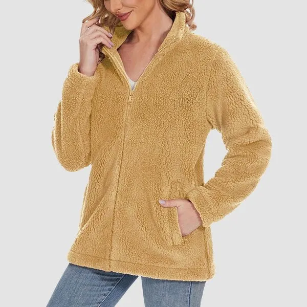 Women's Fuzzy Sherpa Jacket - Full-Zip Warm Fleece Teddy Coat with Zipper Pockets