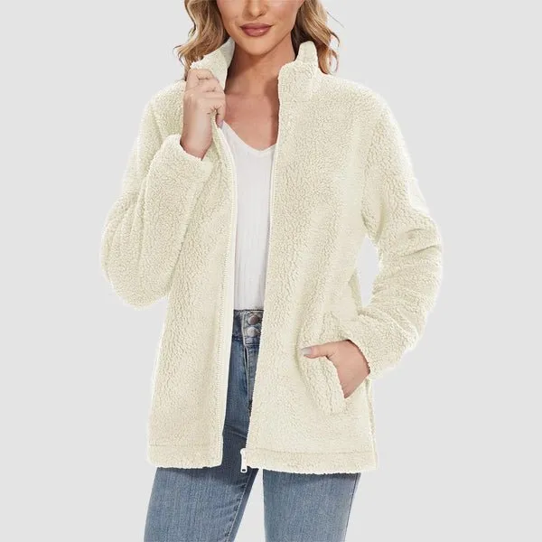 Women's Fuzzy Sherpa Jacket - Full-Zip Warm Fleece Teddy Coat with Zipper Pockets