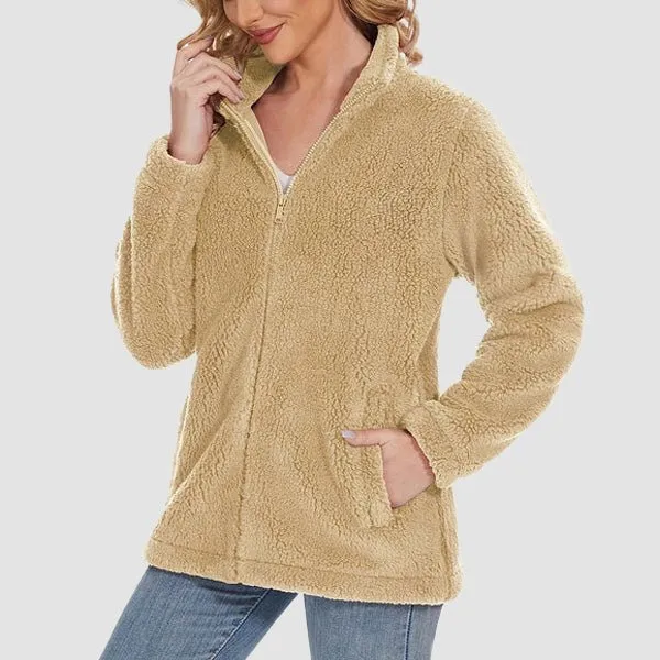 Women's Fuzzy Sherpa Jacket - Full-Zip Warm Fleece Teddy Coat with Zipper Pockets